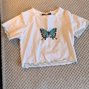 Butterfly Graphic Cropped Tee - White with Teal Trim